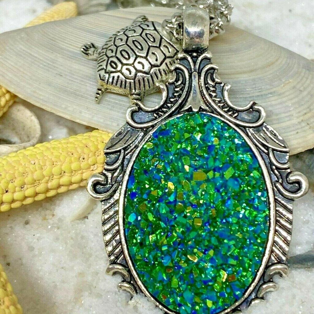 Sea Green Druzy Turtle Charm Necklace Silver Beach